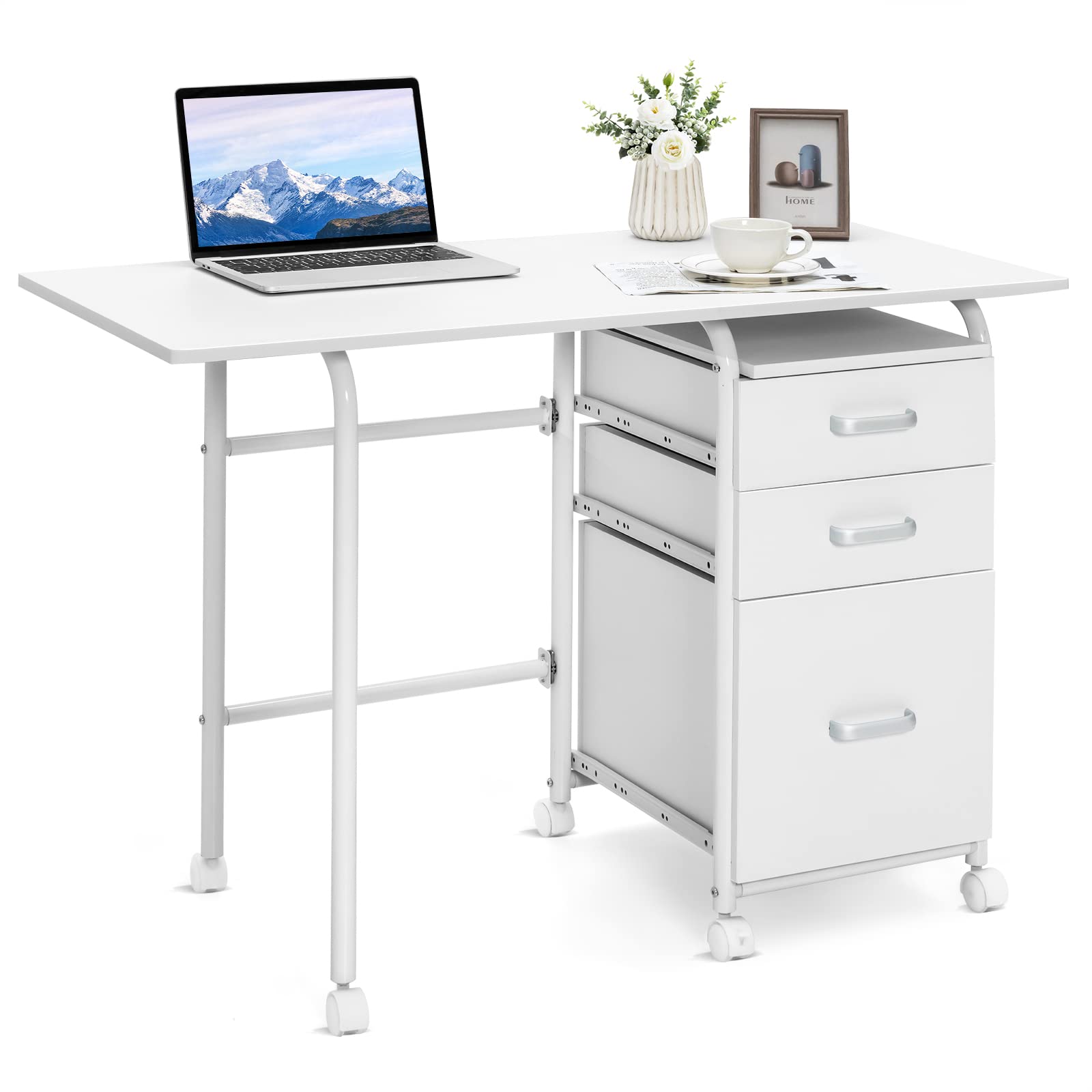 Tangkula White Folding Desk with 3 Drawers, Mobile Home Office Desk, Portable Laptop Desk Writing Table